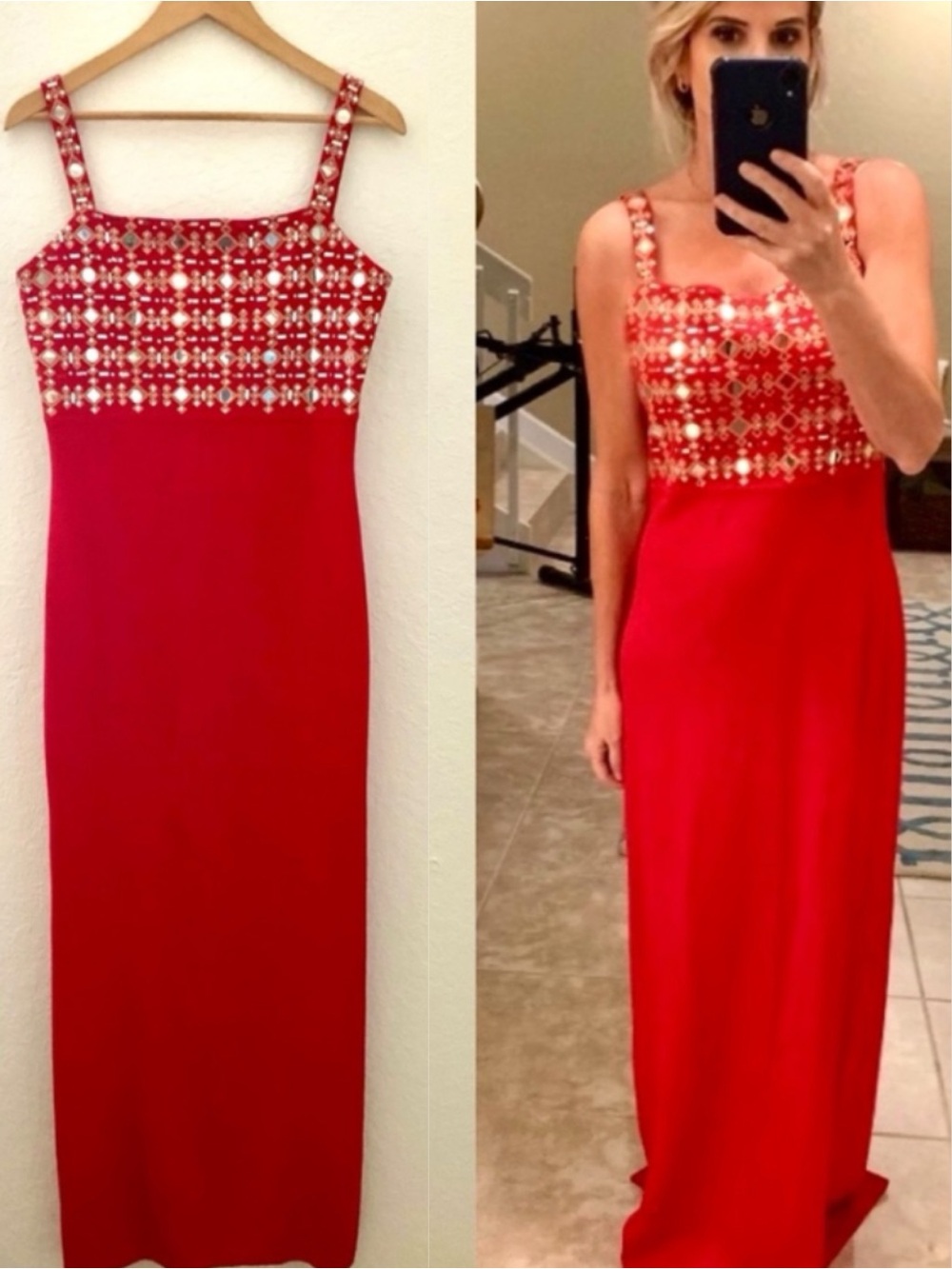 St.John Red Knit Maxi Dress with Gold Mirror Accents